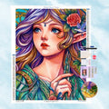 Kit complet de peinture diamant 5D : portrait de fée elfe aux cheveux pourpres avec colombe blanche et roses rouges. Inclut stylo, plateau et outils de pose. Décoration murale DIY fantastique.