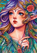 Illustration détaillée de fée elfe magique aux cheveux pourpre et or, yeux bleus, avec colombe blanche et roses rouges. Modèle high-quality pour peinture diamant 5D.