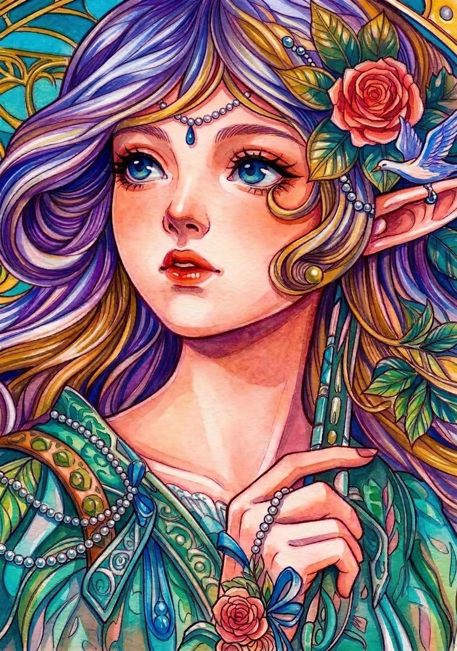 Illustration détaillée de fée elfe magique aux cheveux pourpre et or, yeux bleus, avec colombe blanche et roses rouges. Modèle high-quality pour peinture diamant 5D.