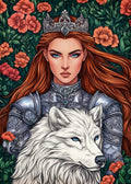 Illustration de style fantasy : reine guerrière en armure argentée, couronne et cheveux roux, accompagnée d'un loup blanc aux yeux bleus, entourée de coquelicots et de feuillage vert. Modèle pour peinture diamant.
