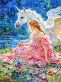 Peinture à l'huile romantique d'une jeune femme couronnée avec une licorne majestueuse près d'une rivière parsemée de pierres précieuses.