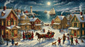 Peinture d'un village pittoresque sous la neige au bord de l'océan avec un phare des maisons illuminées et des habitants célébrant l'hiver.