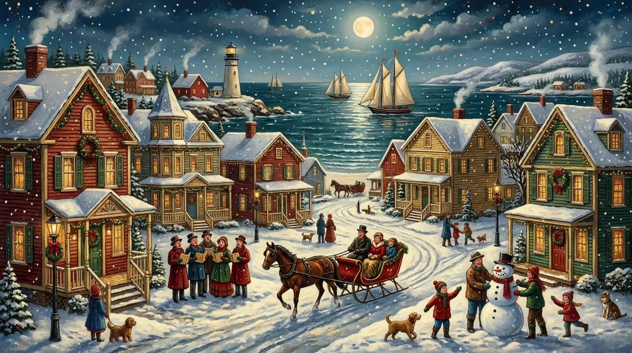Peinture d'un village pittoresque sous la neige au bord de l'océan avec un phare des maisons illuminées et des habitants célébrant l'hiver.