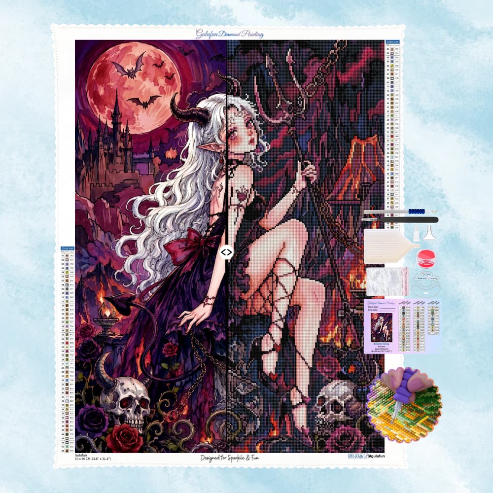 Kit complet de diamond painting d'une démone gothique sous la lune rouge avec toile, strass et outils