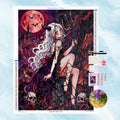 Kit complet de diamond painting d'une démone gothique sous la lune rouge avec toile, strass et outils