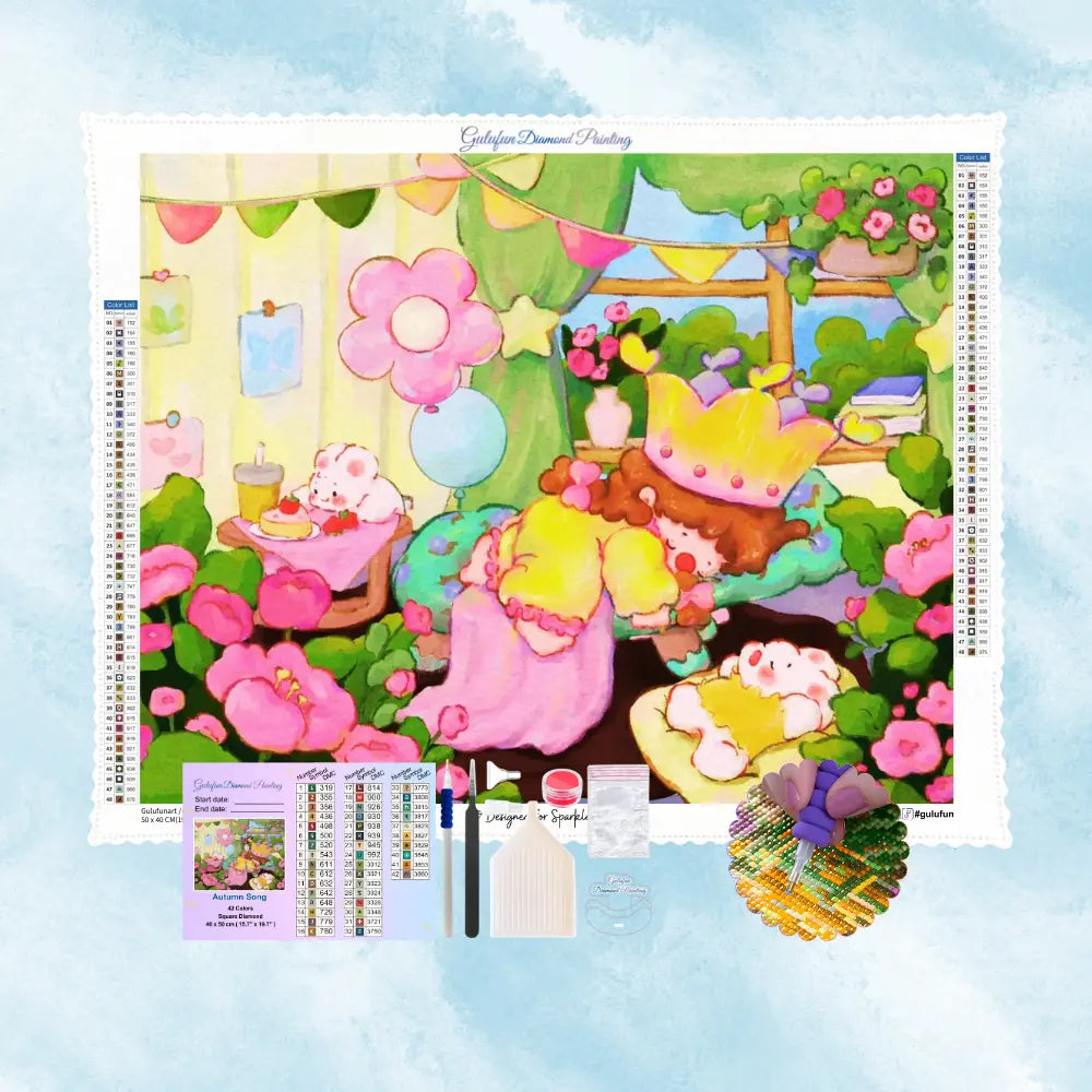 Kit complet de diamond painting illustrant une petite princesse endormie parmi des fleurs roses avec accessoires.