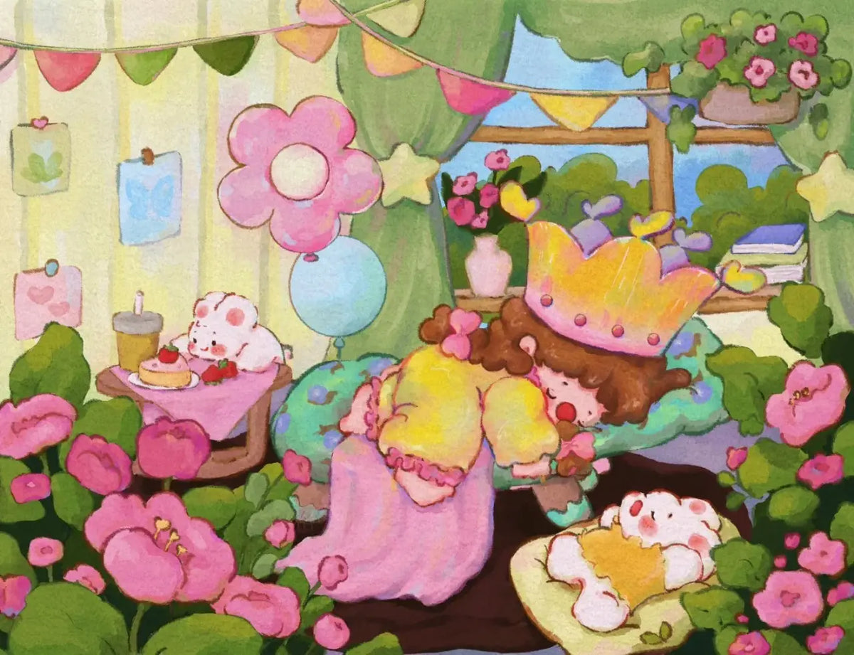 Illustration douce d'une petite princesse endormie parmi des fleurs roses.