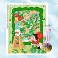 Ensemble de diamond painting représentant une fillette complétant un puzzle de sapin de Noël avec tout le matériel inclus.