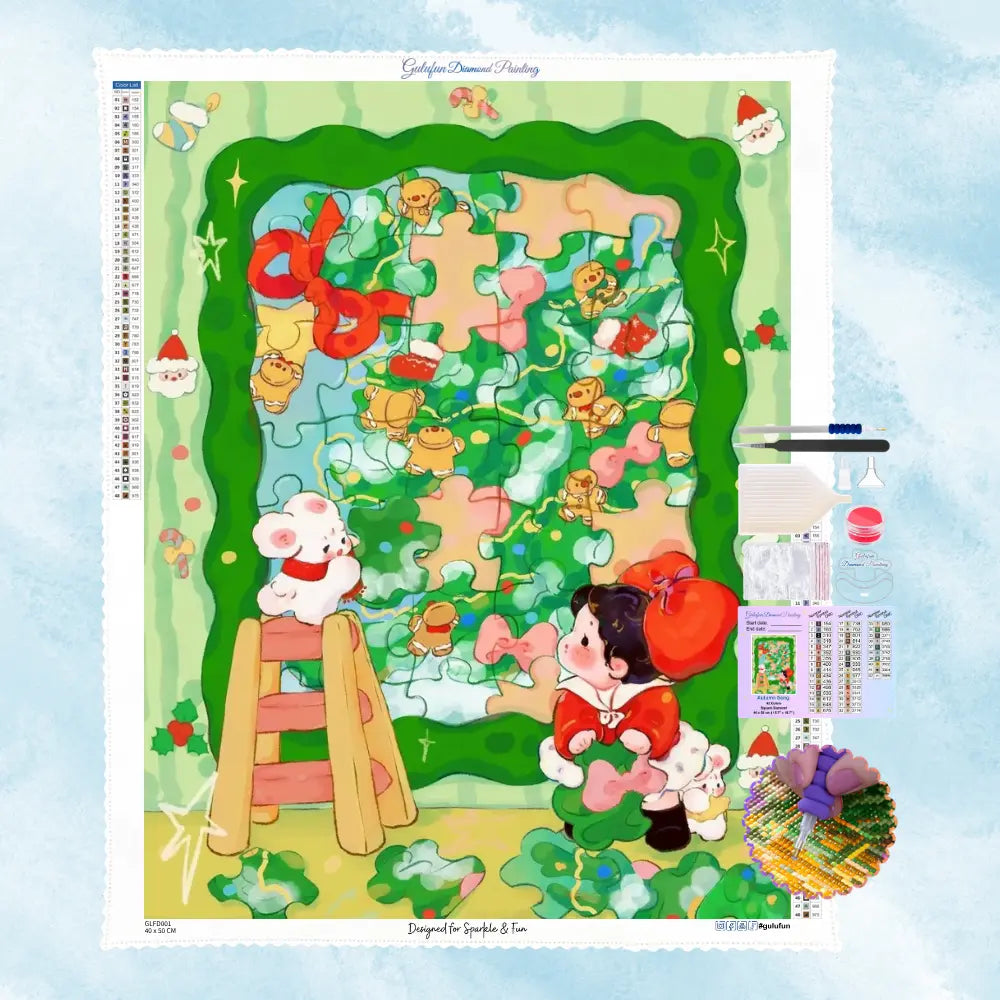 Ensemble de diamond painting représentant une fillette complétant un puzzle de sapin de Noël avec tout le matériel inclus.
