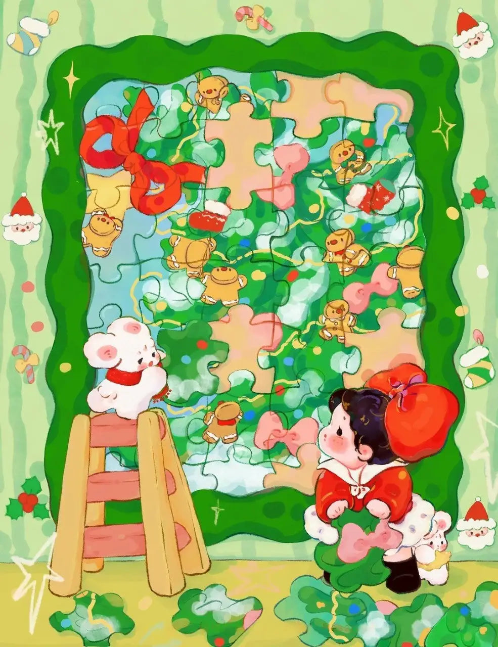 Illustration d'une petite fille complétant un puzzle géant de sapin de Noël.

Titre SEO: Le Puzzle de Noël | Gulufun