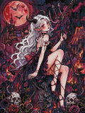 Rendu final brillant d'un diamond painting de la princesse démoniaque gothique avec détails scintillants sous la lune rouge