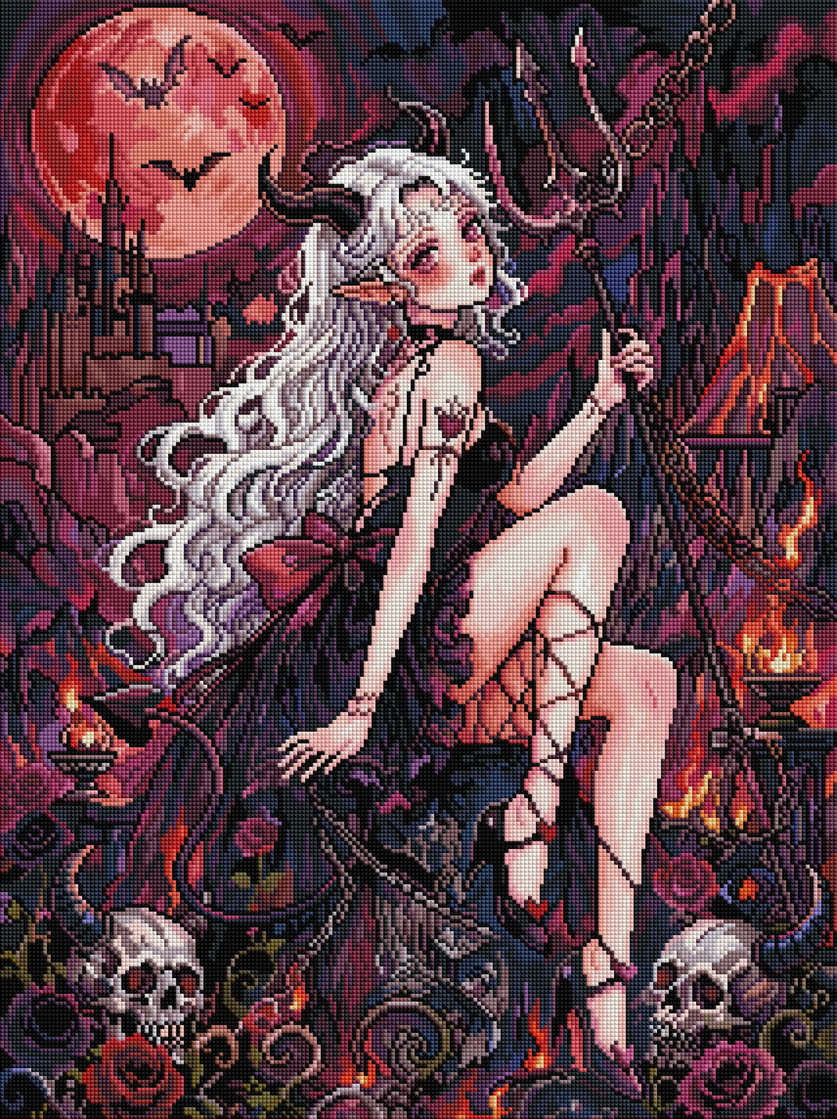 Rendu final brillant d'un diamond painting de la princesse démoniaque gothique avec détails scintillants sous la lune rouge