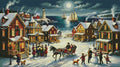 Rendu final brillant d'un diamond painting du village côtier de Noël avec détails scintillants de la neige sous la lune