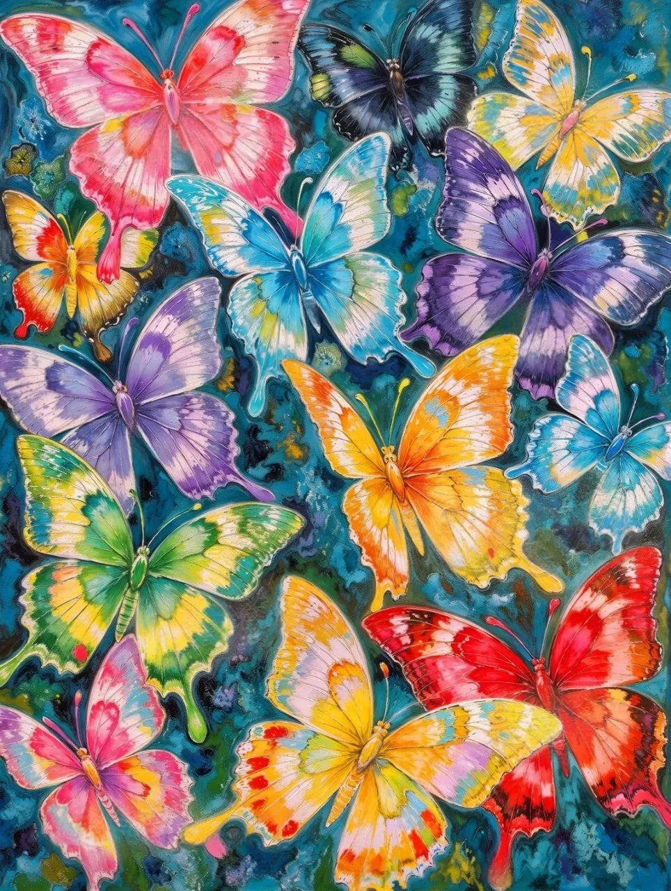 Décoration murale encadrée du diamond painting papillons colorés exposée dans une pièce à vivre.