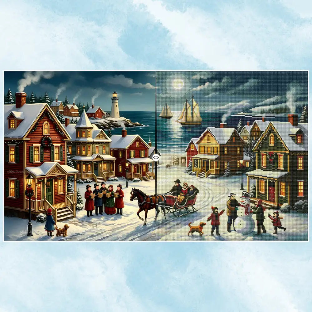 Kit complet de diamond painting d'un village de Noël au bord de la mer avec toile, strass et outils