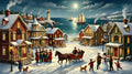 Illustration d'un village côtier enneigé pour Noël avec calèche, phare et bonhomme de neige sous la lune.